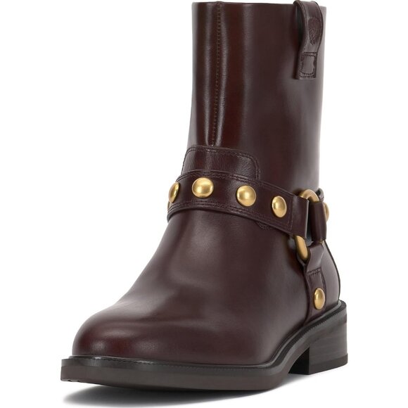 ⚡Women Rich Mahogan Imported Western Pointy Toe Mid Calf Chunky Heel Biker Boot